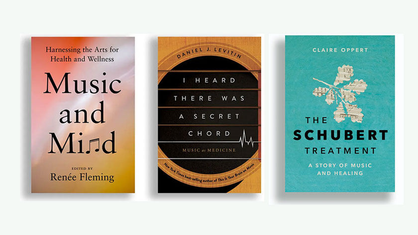 A representation of three new books discussing the role of music in healing and wellness.