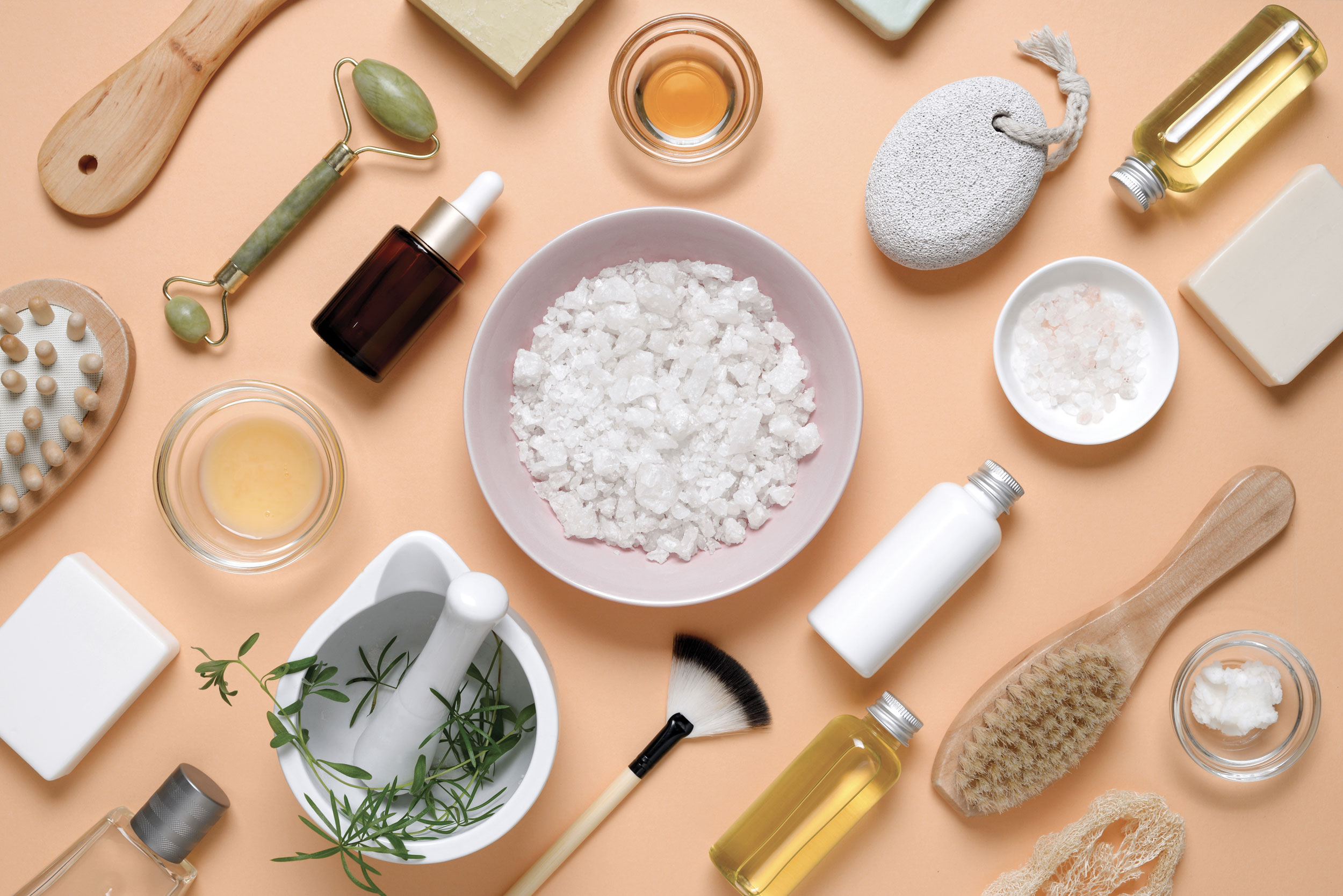 A visually appealing flat lay of various wellness and beauty products, illustrating a focus on self-care for women.
