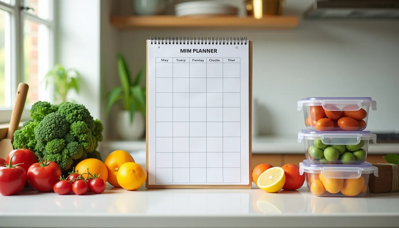 A well-organized kitchen showcasing meal planning elements like fresh ingredients and organized meals.